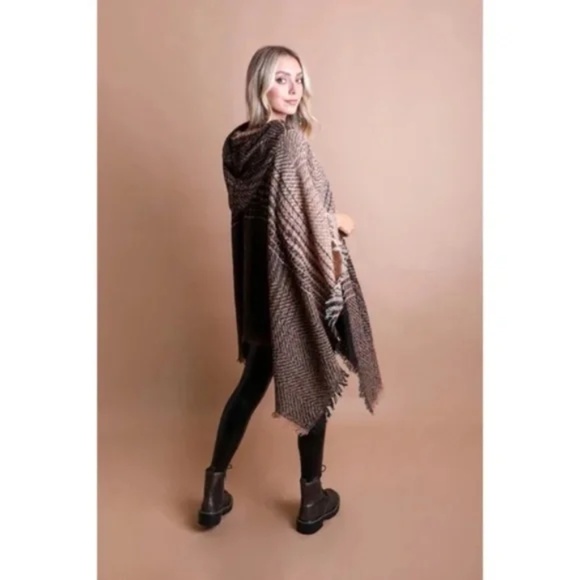 Mocha Herringbone Tweed Hooded Frayed Edge Knit Poncho - Picture 4 of 4